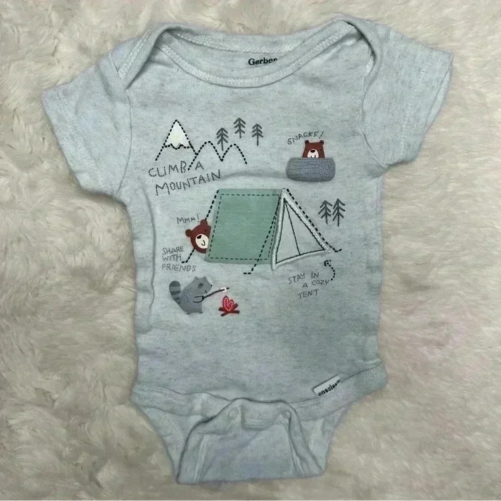 Gerber Onesie Diaper Shirt  Grey Camping Animals Tent Size Newborn